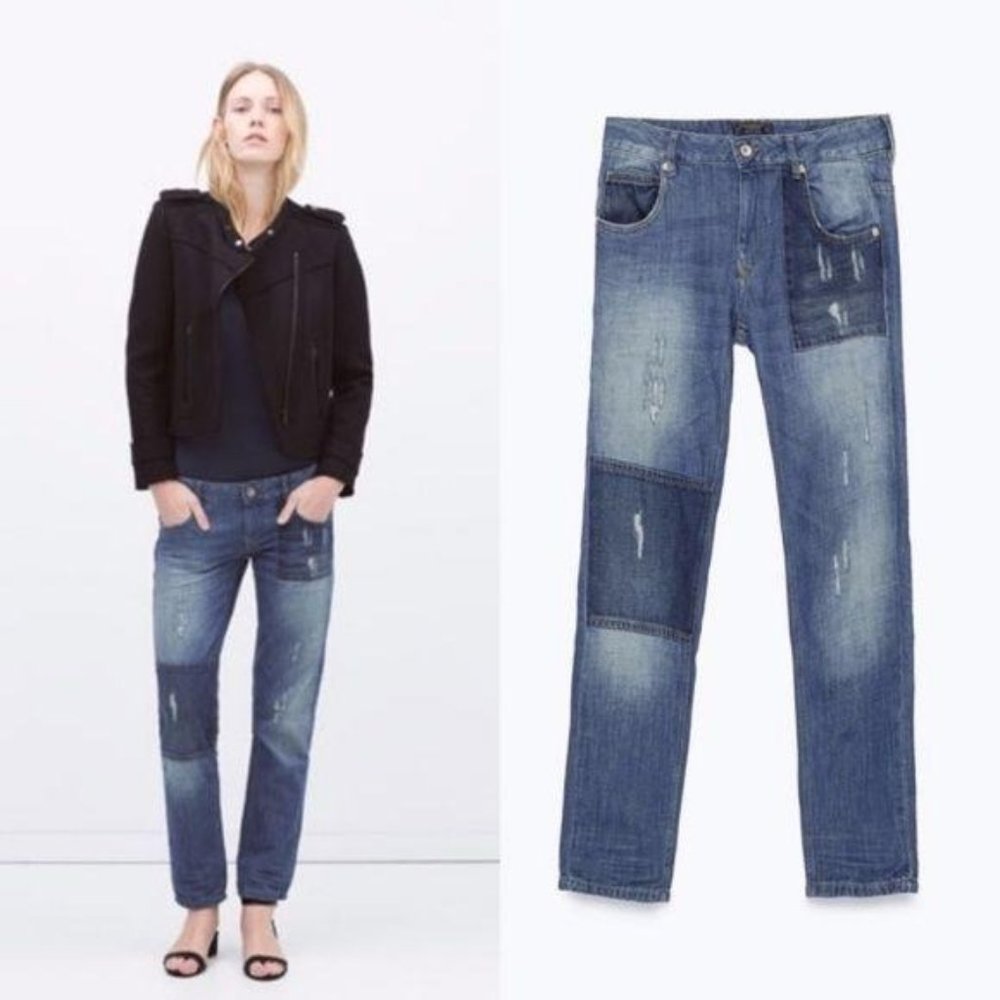 Zara Contrast Pocket Patch BF Distressed Mid Rise